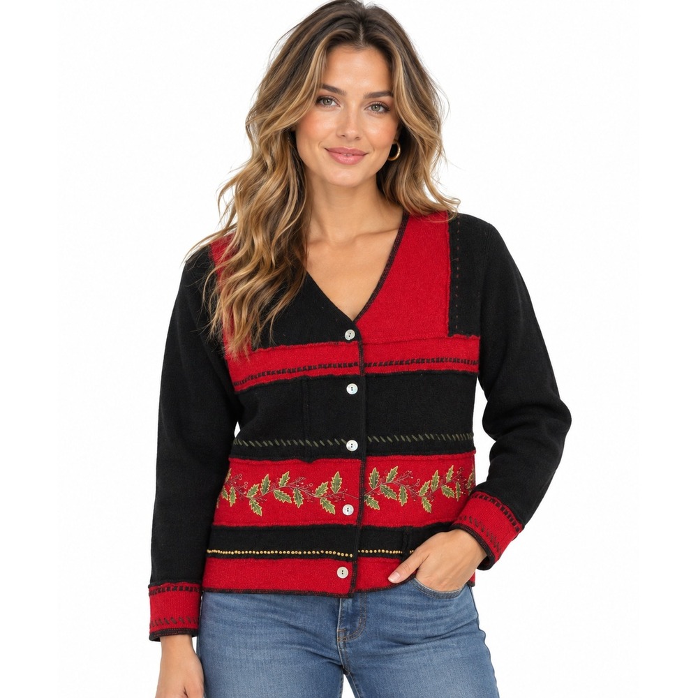 Susan Bristol Cardigan Sweater Womens M Wool Christmas Holly Embroidered Vintage